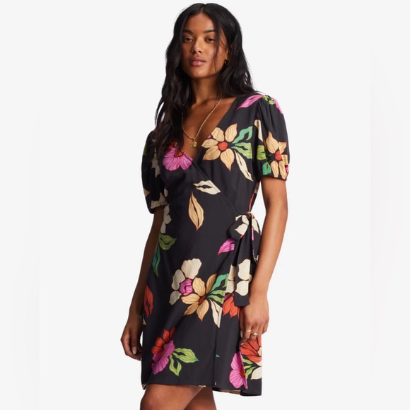 Billabong Hot Tropics Mini Wrap Dress Black Pebble XS A5 - Picture 2 of 6